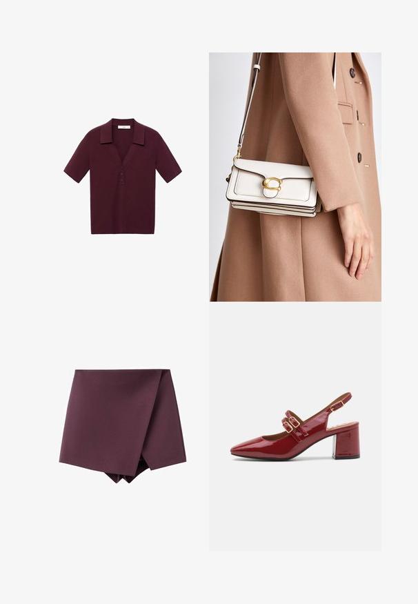 Polo a maniche corte di un profondo bordeaux, realizzato in tessuto testurizzato, con scollatura a V, tre bottoni e colletto strutturato.; Gonna mini asimmetrica viola scuro con design avvolgente e texture di tessuto liscia.; Scarpa slingback in vernice rossa con punta affusolata, doppie cinghie con fibbia sul davanti e un tacco spesso a blocco. Finitura liscia e lucida.; Borsa a tracolla bianca in pelle con una chiusura dorata, caratterizzata da un design strutturato, bordi in contrasto e una sottile tracolla regolabile.