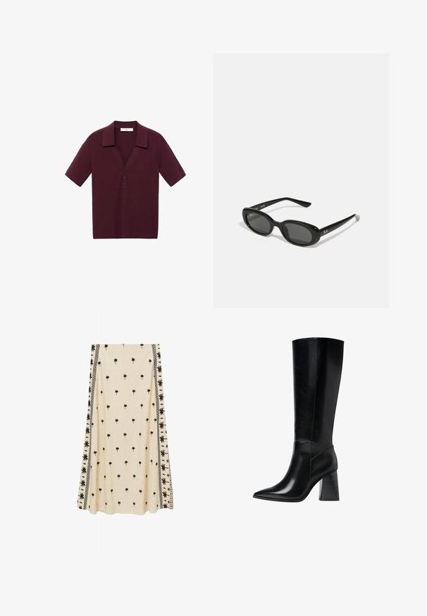 Kratší rukáv, tmavě burgundská polo košile vyrobená z texturované látky, s V výstřihem, třemi knoflíky a pevným límcem.; Smetanová sukně s malým potiskem černých palm, s propracovanými černými vzory v okrajích, vyrobená z lehkého materiálu.; Černé kožené boty po kolena s špičatou špičkou, hladkým povrchem a robustním vroubkovaným podpatkem pro stabilitu. Elegantní design s minimálními akcenty.; Černé sluneční brýle s oválnými objektivy, lesklý plastový rám a štíhlé nožičky. Na boku se nachází bílé logo Ray-Ban.; Černá kožená kabelka se zlatým kováním, s podpisovým zapínáním, odnímatelným ramenním popruhem a texturovaným povrchem.