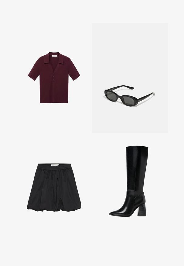 Polo majica s kratkim rukavima, u tamnocrvenoj boji, izrađena od teksturiranog materijala, s V-izrezom, tri dugmeta i oblikovanim ovratnikom.; Crna suknja s nabrano tkaninom i elastičnim strukom, koja se odlikuje glatkom teksturom i opuštenim, lepršavim oblikom.; Crne kožne čizme do koljena s šiljastim vrhom, glatkom teksturom i debelim rebrastim potplatom za stabilnost. Moderne linije s minimalnim naglascima.; Crne sunčane naočale s ovalnim lećama, sjajnim plastičnim okvirom i tankim krakovima. Značajka je Ray-Ban logo u bijeloj boji s strane.; Crna kožna torba s zlatnim hardverom, koja ima prepoznatljivu kopču, odvojivi remen za ramen, te teksturiranu površinu.