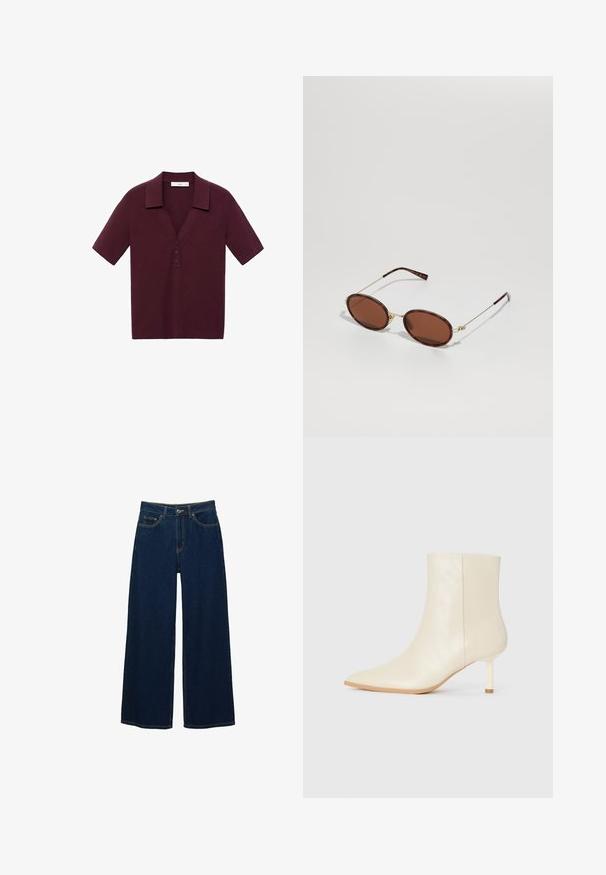 Kratší rukáv, tmavě burgundská polo košile vyrobená z texturované látky, s V výstřihem, třemi knoflíky a pevným límcem.; Široké tmavě modré džíny vyrobené z denimu, s vysokým pasem, kontrastním prošíváním, předními kapsami a zapínáním na knoflík a zip.; Krémová kotníková bota s špičatou špičkou a štíhlým středně vysokým podpatkem, hladká textura, zobrazená z vnější strany na bílém pozadí.; Hnědé oválné sluneční brýle se zlatým kovovým rámem, tenkými stranami a čočkami s hnědým tónováním. Detail loga na straně. Celkově hladká textura.