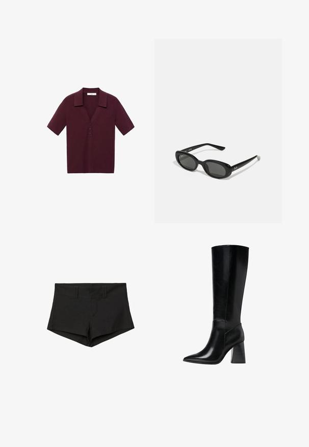 Kurzärmliges, tiefburgunderfarbendes Poloshirt aus strukturiertem Stoff, mit V-Ausschnitt, drei Knöpfen und einem verstärkten Kragen.; Schwarze Baumwollshorts mit figurbetontem Schnitt, hoch geschnittener Taille und Seitentaschen. Der Stoff hat eine glatte Textur und minimale Nähte.; Knöchelhohe schwarze Lederstiefel mit spitzem Schuhkopf, glatter Textur und einem stabilen, profilierten Blockabsatz. Schlankes Design mit minimalen Akzenten.; Schwarze Sonnenbrille mit ovalen Gläsern, glänzendem Kunststoffrahmen und schlanken Bügeln. Mit Ray-Ban-Logo in Weiß an der Seite.; Schwarze Lederhandtasche mit goldenen Hardware-Akzenten, ausgestattet mit einem charakteristischen Verschluss, einem abnehmbaren Schultergurt und einer strukturierten Oberfläche.