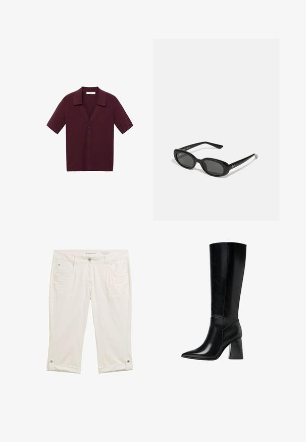 Kratší rukáv, tmavě burgundská polo košile vyrobená z texturované látky, s V výstřihem, třemi knoflíky a pevným límcem.; Bílé kalhoty 3/4 délky s mírně strukturovanou tkaninou. Obsahují přední kapsy, zapínání na knoflík a ohrnuté nohavice upevněné pomocí patentek.; Černé kožené boty po kolena s špičatou špičkou, hladkým povrchem a robustním vroubkovaným podpatkem pro stabilitu. Elegantní design s minimálními akcenty.; Černé sluneční brýle s oválnými objektivy, lesklý plastový rám a štíhlé nožičky. Na boku se nachází bílé logo Ray-Ban.; Černá kožená kabelka se zlatým kováním, s podpisovým zapínáním, odnímatelným ramenním popruhem a texturovaným povrchem.