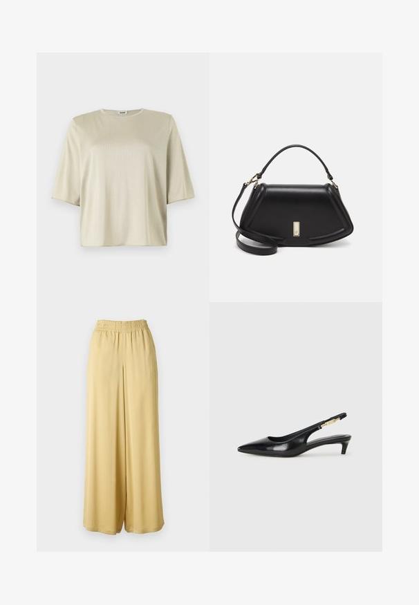 Kurzärmliges, lässig geschnittenes Oberteil in hellbeige mit Rundhalsausschnitt und weichem Material, gefertigt aus einem glatten, leichten Stoff.; Helle, gelbeweiter Hosen mit elastischem Bund, aus einem glatten Stoff gefertigt, mit einem fließenden Design und ohne sichtbare Muster oder Akzente.; Schwarze Leder-Slingback-Pumps mit spitzem Schuhblatt, ausgestattet mit einem schlanken Absatz und einem goldfarbigen Akzent am verstellbaren Riemen. Glatte Textur.; Schwarze Lederhandtasche mit einem strukturierten Design, das eine verkürzte Form, einen oberen Griff und goldfarbene Hardware-Details aufweist. Verstellbarer Schulterriemen ist enthalten.