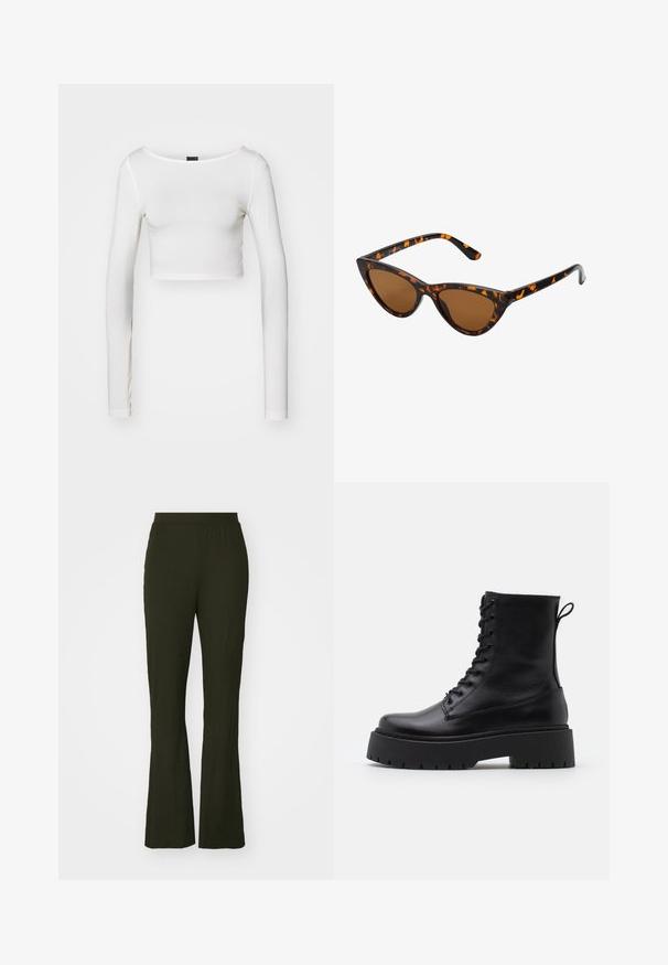 Gina Tricot SOFT TOUCH CROPPED TOP - Long sleeved top - pristine; Dark green, flared pants with an elastic waistband. Made of textured fabric, they feature a loose fit and full-length design.; Black leather ankle boots with a round toe, lace-up front, and a thick rubber sole featuring a textured tread. Pull tab at the back.; Cat-eye sunglasses with a black and orange tortoiseshell frame, brown lenses, and sleek, pointed tips. Features a minimal logo on the temple.