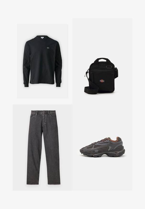 Černé dlouhé rukávy triko vyrobené z bavlny, s kulatým výstřihem a malým zeleným vyšitým logem krokodýla na levé hrudi.; Černé džíny z denimu se rovnými nohavicemi, pěti kapsami a jemným vyblednutím. Obsahují knoflíkové zapínání a poutka na pásek.; Sněrovací boty Lacoste v tmavě šedé barvě s síťovinou a syntetickým materiálem, prezentující texturovanou podrážku a hnědé detaily na límci a logu.; Černá crossbody taška se zipovou kapsou, obdélníkový tvar, vyrobená z látky, s logem na přední straně, nastavitelné ramenní popruhy.