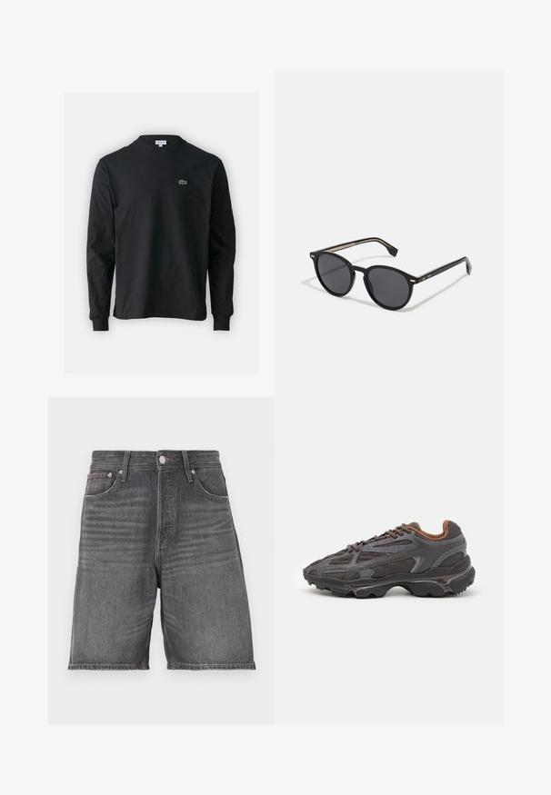 Czarna koszulka z długim rękawem, wykonana z bawełny, z okrągłym dekoltem i małym haftowanym logo krokodyla w kolorze zielonym po lewej stronie klatki piersiowej.; Dżinsowe szorty w ciemnoszarym kolorze o prostym kroju. Posiadają pięć kieszeni, pasek w talii z szlufkami oraz zapięcie na guzik.; Sneakers Lacoste w ciemnoszarym kolorze, wykonane z siateczki i materiału syntetycznego, z teksturowaną podeszwą oraz brązowymi akcentami na kołnierzu i logotypie.; BOSS Okulary przeciwsłoneczne