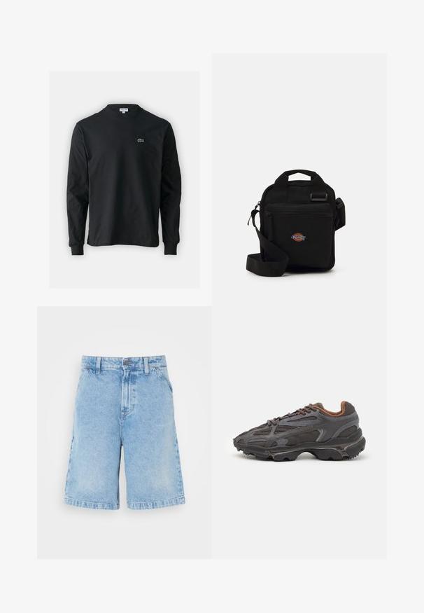 Czarna koszulka z długim rękawem, wykonana z bawełny, z okrągłym dekoltem i małym haftowanym logo krokodyla w kolorze zielonym po lewej stronie klatki piersiowej.; Jasnoniebieskie szorty dżinsowe o prostym kroju, z pięcioma kieszeniami, zapięciem na guzik z przodu oraz delikatnym wyblaknięciem na tkaninie.; Sneakers Lacoste w ciemnoszarym kolorze, wykonane z siateczki i materiału syntetycznego, z teksturowaną podeszwą oraz brązowymi akcentami na kołnierzu i logotypie.; Czarna torebka na ramię z zamkiem błyskawicznym, prostokątna, wykonana z tkaniny, z naszywką logo z przodu, z regulowanym paskiem na ramię.