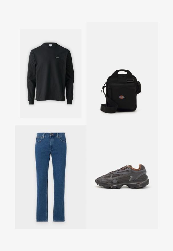 Fekete hosszú ujjú pamut póló, kerek nyakkivágással, bal mellen egy kis zöld hímzett krokodil logóval.; Sötétkék farmernadrág, egyenes szárú dizájn, öt zsebes stílus, világosabb árnyalatú látható varrás, cipzáras, gombos záródás.; Sötét szürke Lacoste sportcipők hálós és szintetikus anyagból, textúrázott talppal és barna díszítésekkel a nyak részen és a logón.; Fekete keresztpántos táska cipzáras zsebbel, téglalap alakú, szövetből készült, az elején logóval ellátva, állítható vállpánttal.