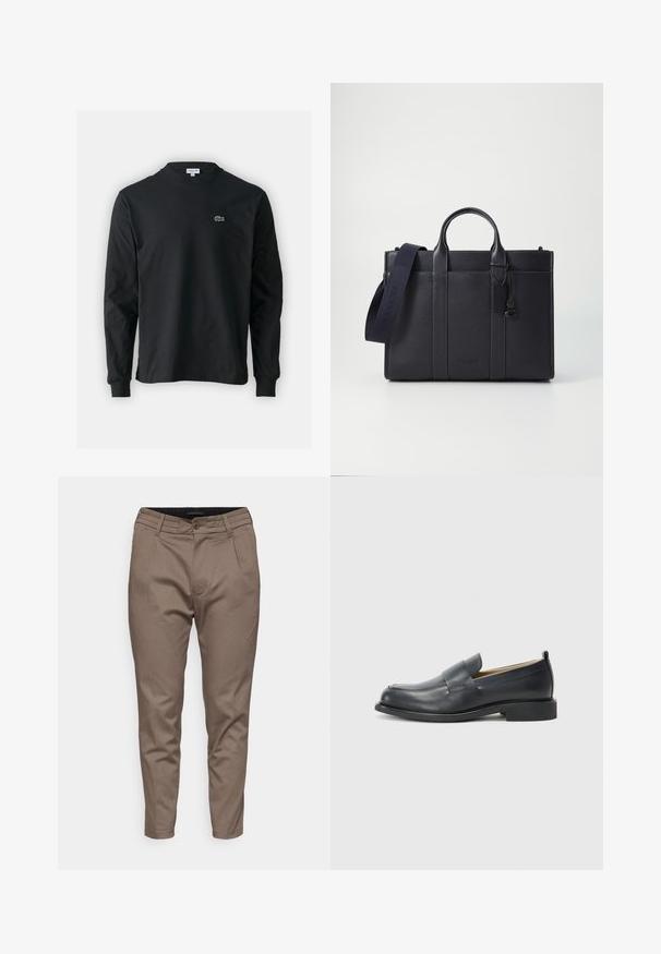 Black long-sleeve t-shirt made of cotton, featuring a round neckline and a small green embroidered crocodile logo on the left chest.; Brown tailored trousers with a smooth texture, featuring a front button closure, belt loops, and two side pockets.; Black leather loafers featuring a smooth finish, a flat sole, and a rounded toe with a decorative strap across the upper.; Dark navy leather briefcase with dual top handles and a detachable strap. Features textured finish, vertical stitching, and logo detail.