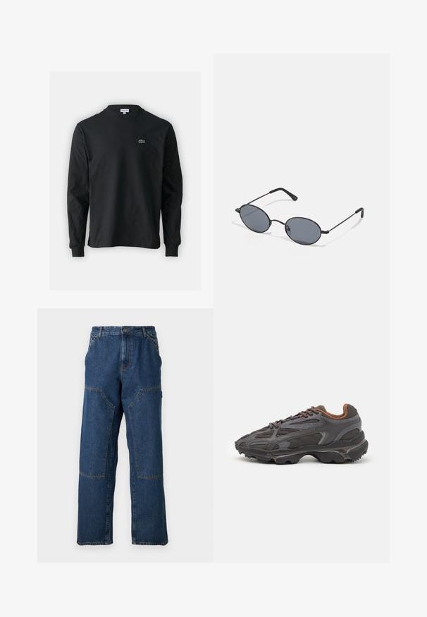 Svart långärmad t-shirt i bomull, med rund halsringning och en liten grön broderad krokodil-logotyp på vänster bröst.; Denimbyxor med avslappnad passform, mörkblå färg, kontrasterande sömmar och framfickor. Minimalistisk design med rak ben. ; Lacoste-sneakers i mörkgrått med nät och syntetmaterial, med en strukturerad sula och bruna detaljer på kragen och varumärket.; Svarta ovala solglasögon med mörka linser och tunna metallbågar. Har smala armar med en subtil kurva i ändarna.