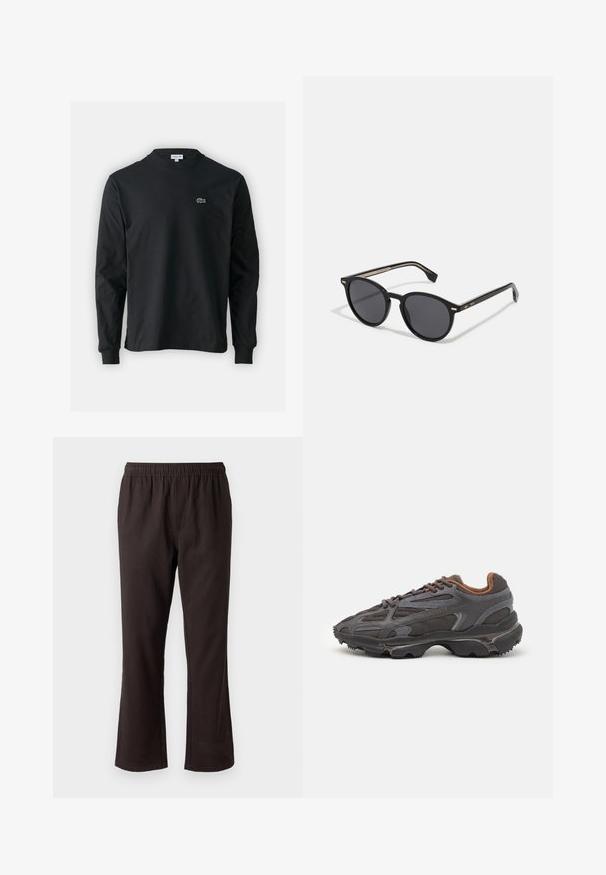 T-shirt a maniche lunghe nera in cotone, con scollatura rotonda e un piccolo logo di coccodrillo ricamato in verde sul lato sinistro del petto.; Pantaloni neri a campana in misto cotone con vita elastica, caratterizzati da una texture liscia e un design semplice senza cuciture o decorazioni visibili.; Sneaker Lacoste grigie scure in materiale mesh e sintetico, con suola testurizzata e dettagli marroni sul colletto e sul branding.; BOSS Occhiali da sole - black