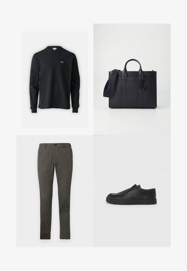 Schwarzes Langarm-T-Shirt aus Baumwolle, mit Rundhalsausschnitt und einem kleinen grünen, gestickten Krokodil-Logo auf der linken Brust.; Schlanke Herren-Hosent dunkelgraue Anzughose mit Gürtelschlaufen, vorderem Knopf und feinem Strukturstoff.; Schwarze Leder-Schlupfschuhe mit runder Zehenform, genähten Details und schwarzer Gummisohle. Glatte Textur mit minimalistischem Design.; Dunkelblaues Lederaktentasche mit doppelten oberen Griffen und einem abnehmbaren Gurt. Merkmale sind die strukturierte Oberfläche, vertikale Nähte und das Logo-Detail.