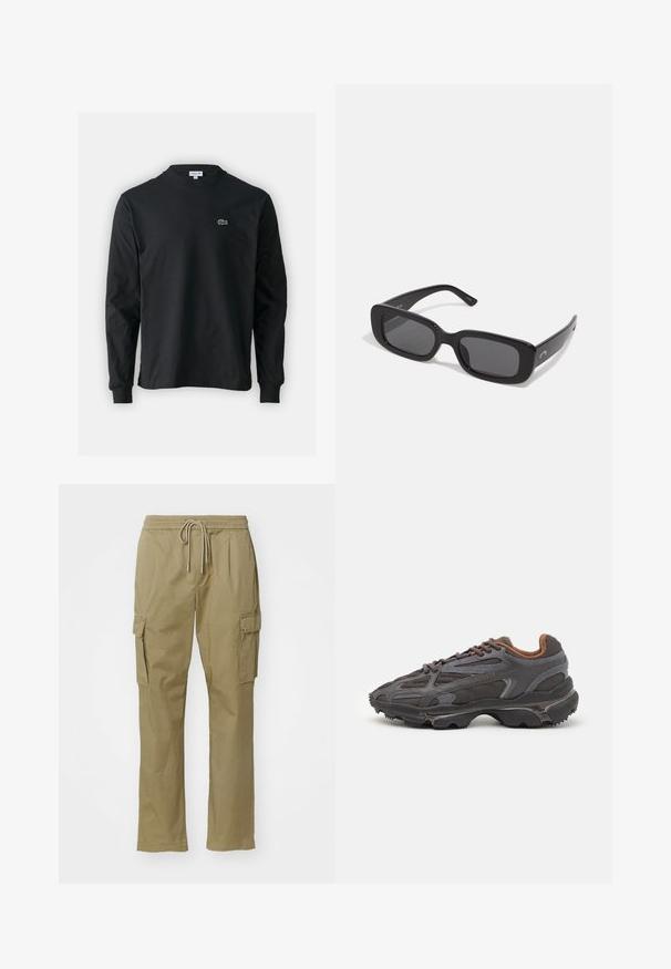 Black long-sleeve t-shirt made of cotton, featuring a round neckline and a small green embroidered crocodile logo on the left chest.; Khaki cargo pants made of soft fabric, featuring an elastic waistband with drawstring, two side pockets, and straight-leg design.; Lacoste sneakers in dark gray with mesh and synthetic material, featuring a textured sole and brown accents on the collar and branding.; Black rectangular sunglasses with dark lenses, smooth plastic frames, and wide arms. Subtle branding on the side.