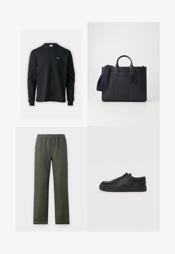 Zwarte longsleeve t-shirt van katoen, met een ronde halslijn en een klein groen geborduurd krokodillenlogo op de linkerborst.; Donkergroene linnen broek met een elastische tailleband, rechte pijpen en een licht gekreukt textuur. Geen zichtbare hardware of patterne.; Zwarte leren instapschoen met een ronde neus, gestikte details en een zwarte rubberen zool. Soepele textuur met een minimalistisch ontwerp.; Donkerblauwe leren aktetas met dubbele bovenhandgrepen en een afneembare schouderband. Kenmerkt zich door een gestructureerde afwerking, verticale stiksels en een logo-detail.