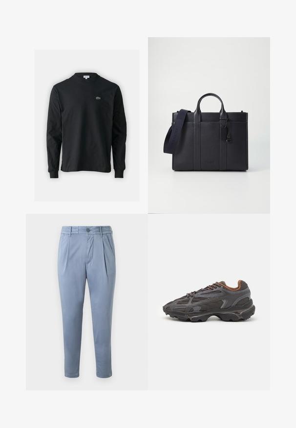 Tricou negru cu mânecă lungă, realizat din bumbac, cu un guler rotund și un mic logo brodat cu un crocodil verde pe partea stângă a pieptului.; Pantaloni ușori, de culoare albastru deschis, cu croială conică, confecționați dintr-un material neted, cu front plat, pliuri și închidere cu buton. Au buzunare laterale și margini cu manșetă.; Adidași Lacoste de culoare gri închis, din material mesh și sintetic, cu o talpă texturată și accente maronii pe guler și branding.; Servietă din piele de culoare albastru închis, cu două mânere superioare și o curea detasabilă. Prezintă un finisaj texturat, cusături verticale și detalii cu logo.