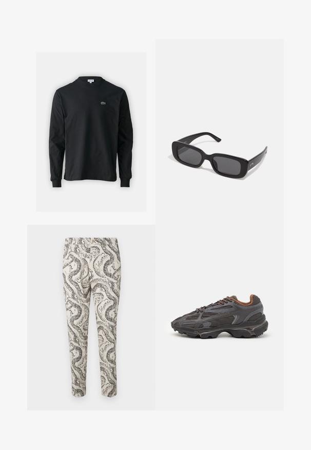 Zwarte longsleeve t-shirt van katoen, met een ronde halslijn en een klein groen geborduurd krokodillenlogo op de linkerborst.; Geprinte broeken met een slangepatroon in zwart en grijs op een lichtbeige achtergrond, met een knoopsluiting en slim fit.; Lacoste sneakers in donkergrijs van mesh en synthetisch materiaal, met een gestructureerde zool en bruine accenten op de kraag en branding.; Zwarte rechthoekige zonnebril met donkere lenzen, glanzende kunststof montuur en brede veren. Subtiele branding aan de zijkant.