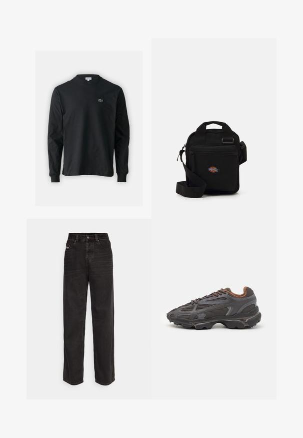 Črna dolgi rokavi majica iz bombaža, z okroglim ovratnikom in majhnim zelenim vezenim logotipom krokodila na levem prsnem delu.; Črne široke jeans hlače z visokim pasom, sprednjim gumbom za zapiranje, dvema stranskima žepoma in subtilnimi šivi.; Lacoste teniske v temno sivi barvi z mrežasto in sintetično prevleko, s teksturiranim podplatom in rjavimi detajli na ovratniku ter blagovni znamki.; Črna crossbody torba z zadrgo, pravokotne oblike, izdelana iz blaga, z logotipom na sprednji strani, nastavljivim ramenskim trakom.