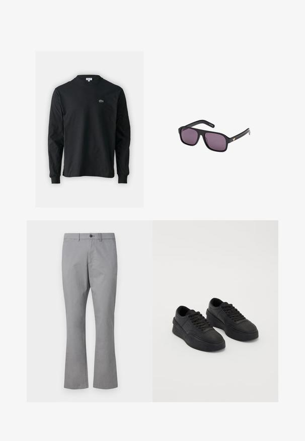 Tricou negru cu mânecă lungă, realizat din bumbac, cu un guler rotund și un mic logo brodat cu un crocodil verde pe partea stângă a pieptului.; GAP SLIM PERFORMANCE STRETCH - Pantaloni chino - pilot grey; Tenisi negri din piele netedă, cu o talpă amortizată. Caracteristicile includ șireturi plate, perforații pe vârf și un profil elegant.; Ochelari de soare negri cu ramă pătrată, lentile întunecate și un accent cu logo auriu pe braț. Material plastic neted cu finisaj mat.