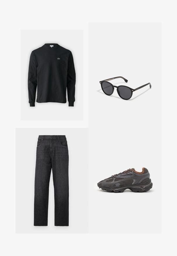 Sort langærmet t-shirt lavet af bomuld, med rund halsudskæring og et lille grønt broderet krokodillelogo på venstre bryst.; Sorte denim jeans med lige ben design, fem-lomme styling og en knap- og lynlås lukning. Stoflet har en subtil tekstur.; Lacoste sneakers i mørkegrå med mesh og syntetisk materiale, udstyret med en tekstureret sål og brune accenter på kraven og brandingen.; BOSS Solbriller - black