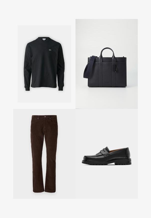 Sort langærmet t-shirt lavet af bomuld, med rund halsudskæring og et lille grønt broderet krokodillelogo på venstre bryst.; Brune fløjl bukser med lige pasform, der har fem lommer, en knaplukning og lodrette striber i stofstrukturen.; Sorte læder loafers har en forhøjet søm, to dekorative remme på overdelen og en tyk struktureret sål for bedre greb.; Mørkeblå læderaktet med dobbelte topgreb og en aftagelig rem. Har tekstureret overflade, lodret syning og logodetalje.