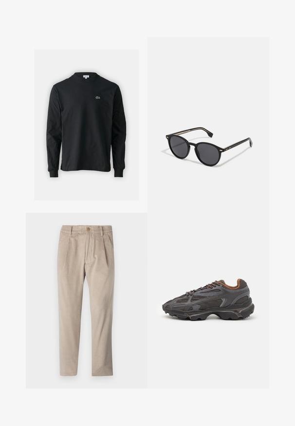 Schwarzes Langarm-T-Shirt aus Baumwolle, mit Rundhalsausschnitt und einem kleinen grünen, gestickten Krokodil-Logo auf der linken Brust.; Beige Cordhosen mit einem elastischen Bund, Knopfverschluss und Faltendetails, ausgestattet mit einem geraden Beinschnitt und strukturiertem Stoff.; Lacoste Sneaker in Dunkelgrau aus Mesh und Synthetikmaterial, mit einer strukturierten Sohle und braunen Akzenten am Kragen und Logo.; BOSS Sonnenbrille - black