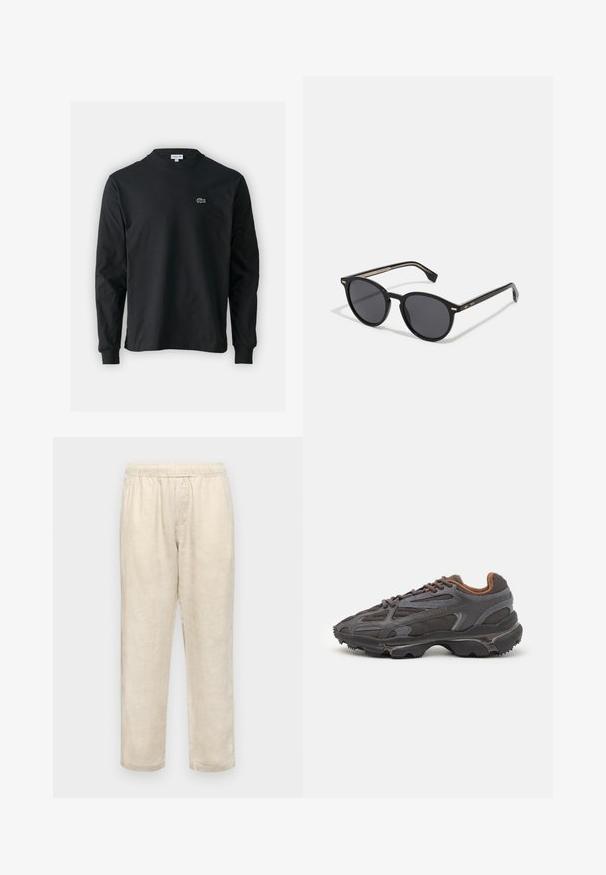 T-shirt a maniche lunghe nera in cotone, con scollatura rotonda e un piccolo logo di coccodrillo ricamato in verde sul lato sinistro del petto.; Samsøe Samsøe JABARI TROUSERS - Pantaloni - castle wall; Sneaker Lacoste grigie scure in materiale mesh e sintetico, con suola testurizzata e dettagli marroni sul colletto e sul branding.; BOSS Occhiali da sole - black