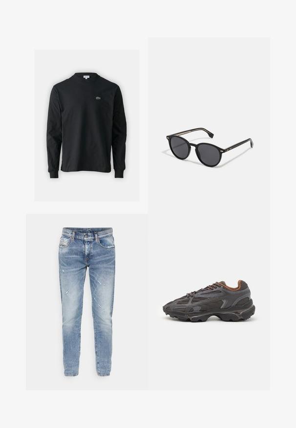 Svart långärmad t-shirt i bomull, med rund halsringning och en liten grön broderad krokodil-logotyp på vänster bröst.; Ljusblå denimjeans med en blekt finish, uppslitna detaljer, standard femfickorsdesign och rak benog.; Lacoste-sneakers i mörkgrått med nät och syntetmaterial, med en strukturerad sula och bruna detaljer på kragen och varumärket.; BOSS Solglasögon - black