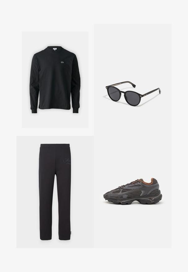 Svart langermet T-skjorte laget av bomull, med rund hals og en liten grønn brodert krokodillelogo på venstre bryst.; Sorte joggebukser med elastisk midjebånd, med en subtil trykt logo på venstre lår og rett ben-design.; Lacoste-sneakers i mørkegrått med mesh- og syntetisk materiale, med en teksturert såle og brune detaljer på kragen og merket.; BOSS Solbriller - black