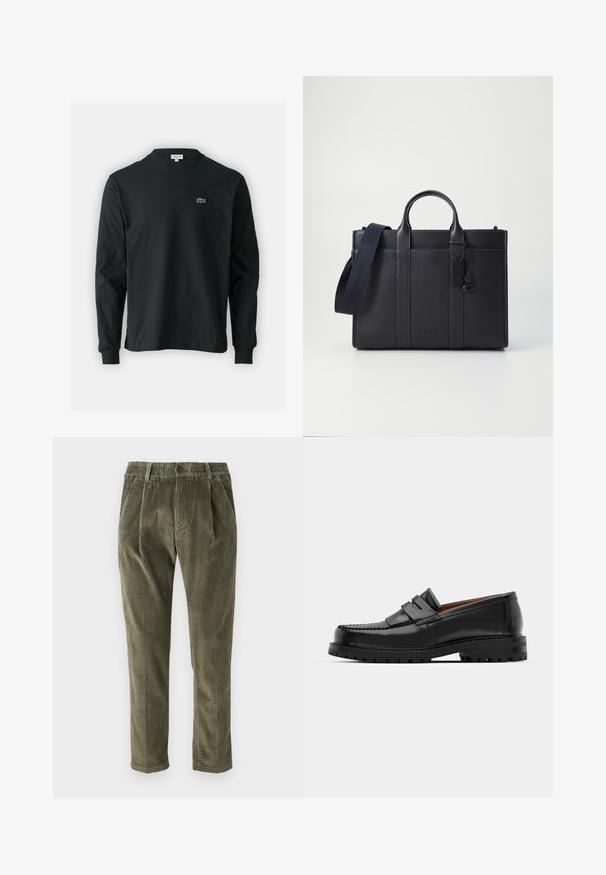 Camisola preta de manga longa feita de algodão, com decote redondo e um pequeno logótipo de crocodilo bordado em verde no lado esquerdo do peito.; Calças de veludo cotelê verde-azeitona com fecho de botão e zip, passantes para cinto e bolsos laterais, expostas sobre um fundo branco.; Os mocassins de couro preto apresentam uma costura elevada, duas tiras decorativas na parte superior e uma sola grossa e texturizada para maior aderência.; Pasta de couro azul-marinho escura com alças superiores duplas e uma alça destacável. Apresenta um acabamento texturizado, costura vertical e detalhe do logotipo.