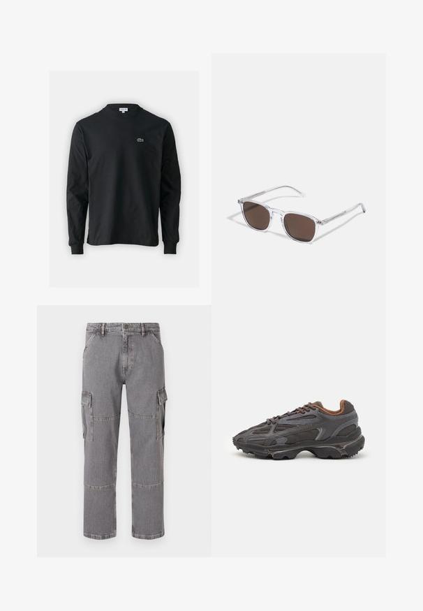 Svart langermet T-skjorte laget av bomull, med rund hals og en liten grønn brodert krokodillelogo på venstre bryst.; Grå cargo-bukser laget av denimstoff med flere lommer, rett benkutt og synlige sømdetaljer.; Lacoste-sneakers i mørkegrått med mesh- og syntetisk materiale, med en teksturert såle og brune detaljer på kragen og merket.; Klare plastikk solbriller med rektangulære brune linser, med tynne, gjennomsiktige armer og metalldetaljer på templene.