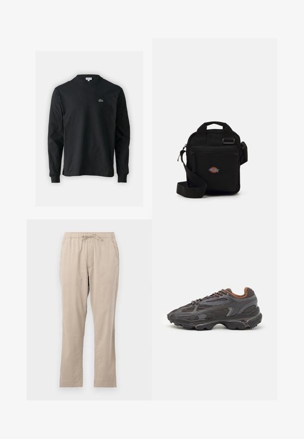 Melna garām piedurknēm t-krekls, izgatavots no kokvilnas, ar apaļu kakla izgriezumu un mazu zaļu izšūtu krokodila logo kreisajā krūtī.; Bežīgas, vieglas bikses ar elastīgu jostasvietu, priekšējiem kabatām un auklu. Gluda tekstūra un taisna kāju dizains.; Lacoste kedas tumši pelēkā krāsā ar acu audumu un sintētisko materiālu, ar teksturētu zoli un brūniem akcentiem apkaklītē un zīmola uzrakstā.; Melna pleca soma ar rāvējslēdzēja kabatu, taisnstūra forma, izgatavota no auduma, ar logotipa uzšuvi priekšpusē, regulējams plecu siksna.