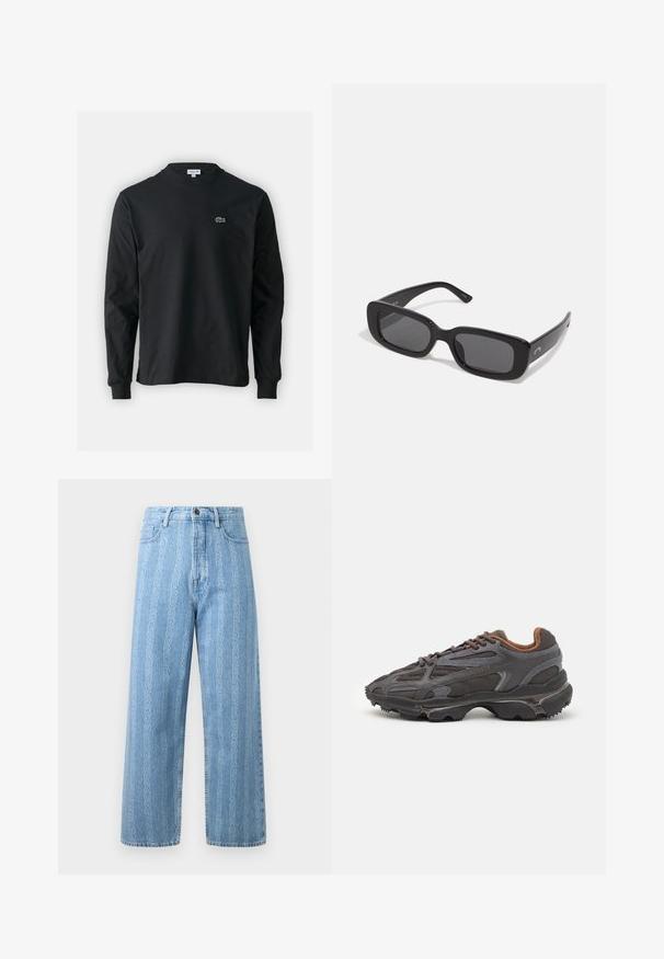 Camiseta de manga larga negra de algodón, con escote redondo y un pequeño logo de cocodrilo bordado en verde en el lado izquierdo del pecho.; Jeans de mezclilla azul claro con un diseño de pierna ancha, presentando un patrón de cadena repetido. Estilo clásico de cinco bolsillos y detalle de botón de metal.; Zapatillas Lacoste en gris oscuro con material de malla y sintético, que cuentan con una suela texturizada y detalles en marrón en el cuello y la marca.; Gafas de sol rectangulares negras con lentes oscuros, montura de plástico suave y patas anchas. Marca sutil en el lado.