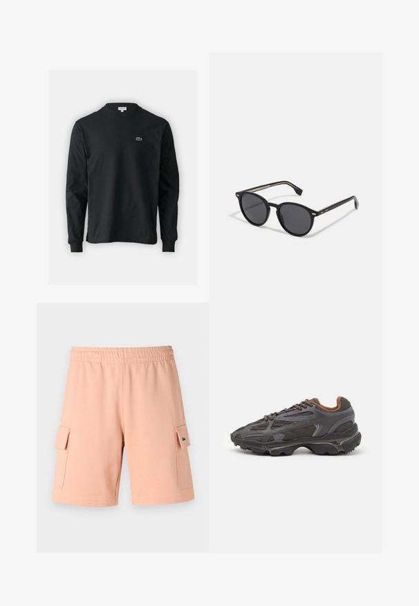 Schwarzes Langarm-T-Shirt aus Baumwolle, mit Rundhalsausschnitt und einem kleinen grünen, gestickten Krokodil-Logo auf der linken Brust.; Helle rosa Shorts aus einem Baumwollmischgewebe mit einem elastischen Bund, zwei Seitentaschen mit Klappen und einem grünen Logo-Highlight.; Lacoste Sneaker in Dunkelgrau aus Mesh und Synthetikmaterial, mit einer strukturierten Sohle und braunen Akzenten am Kragen und Logo.; BOSS Sonnenbrille - black