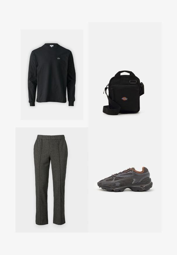 Sort langærmet t-shirt lavet af bomuld, med rund halsudskæring og et lille grønt broderet krokodillelogo på venstre bryst.; Grå skræddersyede bukser med en struktureret stof, der har en elastisk talje, lige ben og detaljer med forkant.; Lacoste sneakers i mørkegrå med mesh og syntetisk materiale, udstyret med en tekstureret sål og brune accenter på kraven og brandingen.; Sort crossbody taske med en lynlåslomme, rektangulær form, lavet af stof, med et logo patch på forsiden, justerbar skulderrem.