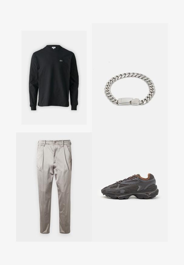 Svart langermet T-skjorte laget av bomull, med rund hals og en liten grønn brodert krokodillelogo på venstre bryst.; Lys grå plisserte bukser laget av glatt stoff, med elastisk midjebånd og avsmalnende ben. Ingen synlige lommer.; Lacoste-sneakers i mørkegrått med mesh- og syntetisk materiale, med en teksturert såle og brune detaljer på kragen og merket.; Calvin Klein ELECTRIC - Armbånd - silver-coloured