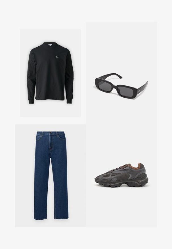 Černé dlouhé rukávy triko vyrobené z bavlny, s kulatým výstřihem a malým zeleným vyšitým logem krokodýla na levé hrudi.; Tmavě modré džíny s rovnými nohavicemi, předními kapsami a zapínáním na knoflík, vystavené na jednoduchém bílém pozadí.; Sněrovací boty Lacoste v tmavě šedé barvě s síťovinou a syntetickým materiálem, prezentující texturovanou podrážku a hnědé detaily na límci a logu.; Černé obdélníkové sluneční brýle s tmavými čočkami, hladkými plastovými rámy a širokými stranami. Jemné logo na boku.