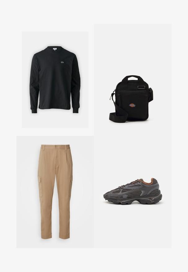 Black long-sleeve t-shirt made of cotton, featuring a round neckline and a small green embroidered crocodile logo on the left chest.; Beige cargo pants with a straight cut, featuring side pockets and a zip fly, made from lightweight fabric with a smooth texture.; Lacoste sneakers in dark gray with mesh and synthetic material, featuring a textured sole and brown accents on the collar and branding.; Black crossbody bag with a zippered pocket, rectangular shape, made of fabric, featuring a logo patch on the front, adjustable shoulder strap.