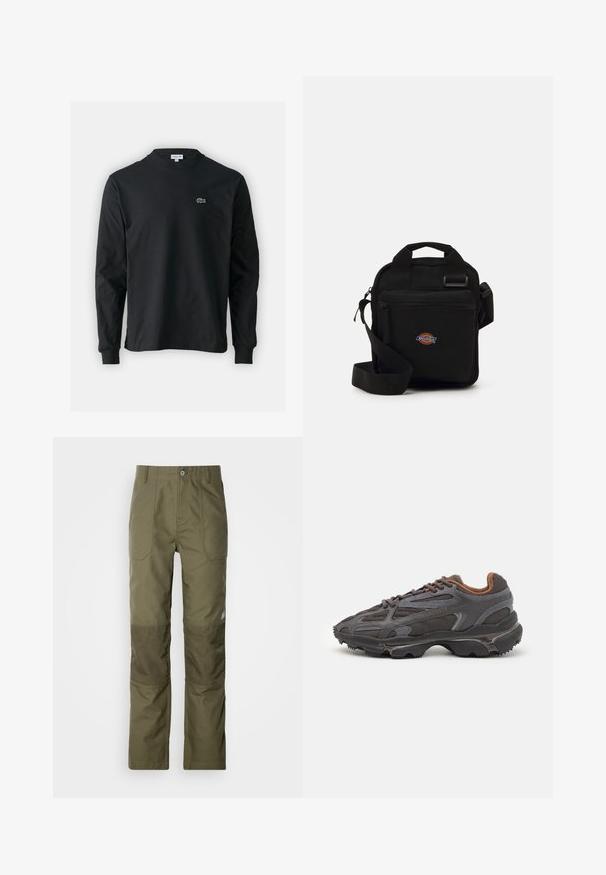 Fekete hosszú ujjú pamut póló, kerek nyakkivágással, bal mellen egy kis zöld hímzett krokodil logóval.; Olíva zöld, egyenes szabású nadrág, megerősített térdrészekkel, két elülső zsebbel és gombos derékzárral.; Sötét szürke Lacoste sportcipők hálós és szintetikus anyagból, textúrázott talppal és barna díszítésekkel a nyak részen és a logón.; Fekete keresztpántos táska cipzáras zsebbel, téglalap alakú, szövetből készült, az elején logóval ellátva, állítható vállpánttal.