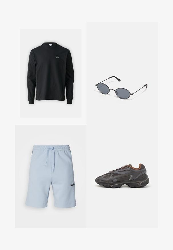 Svart långärmad t-shirt i bomull, med rund halsringning och en liten grön broderad krokodil-logotyp på vänster bröst.; BOSS HEADLO - Träningsbyxor - light blue; Lacoste-sneakers i mörkgrått med nät och syntetmaterial, med en strukturerad sula och bruna detaljer på kragen och varumärket.; Svarta ovala solglasögon med mörka linser och tunna metallbågar. Har smala armar med en subtil kurva i ändarna.