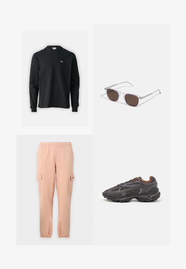 Black long-sleeve t-shirt made of cotton, featuring a round neckline and a small green embroidered crocodile logo on the left chest.; Pink cotton joggers featuring an elastic waistband, ribbed cuffs, two side pockets, and a small logo patch on one pocket.; Lacoste sneakers in dark gray with mesh and synthetic material, featuring a textured sole and brown accents on the collar and branding.; Clear plastic sunglasses with rectangular brown lenses, featuring thin, transparent arms and metal accents on the temples.