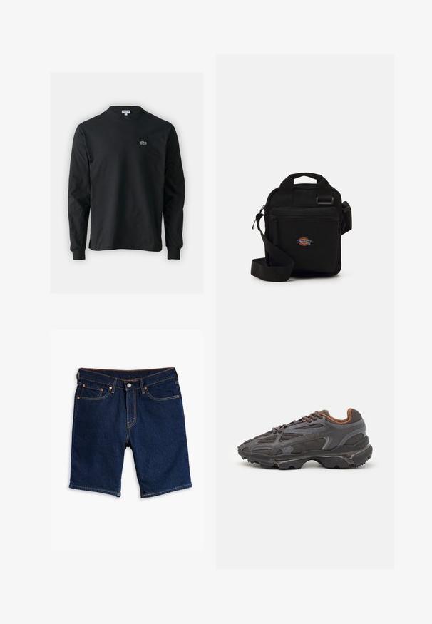 Fekete hosszú ujjú pamut póló, kerek nyakkivágással, bal mellen egy kis zöld hímzett krokodil logóval.; Levi's® 445 ATHLETIC - Farmer rövidnadrágok - icarus sun; Sötét szürke Lacoste sportcipők hálós és szintetikus anyagból, textúrázott talppal és barna díszítésekkel a nyak részen és a logón.; Fekete keresztpántos táska cipzáras zsebbel, téglalap alakú, szövetből készült, az elején logóval ellátva, állítható vállpánttal.