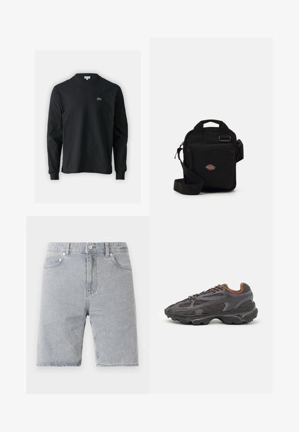 Svart langermet T-skjorte laget av bomull, med rund hals og en liten grønn brodert krokodillelogo på venstre bryst.; Lyse grå denimshorts med rett kutt, fem lommer, knappe-lukking og kontrasterende sømdetaljer.; Lacoste-sneakers i mørkegrått med mesh- og syntetisk materiale, med en teksturert såle og brune detaljer på kragen og merket.; Svart crossover-veske med en glidelåslomme, rektangulær form, laget av stoff, med et logo-påbud på forsiden, justerbar skulderrem.