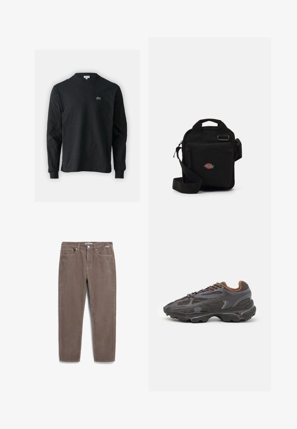 Black long-sleeve t-shirt made of cotton, featuring a round neckline and a small green embroidered crocodile logo on the left chest.; Brown corduroy pants featuring a straight leg design, five-pocket styling, and a button closure. Textured fabric with vertical ridges.; Lacoste sneakers in dark gray with mesh and synthetic material, featuring a textured sole and brown accents on the collar and branding.; Black crossbody bag with a zippered pocket, rectangular shape, made of fabric, featuring a logo patch on the front, adjustable shoulder strap.