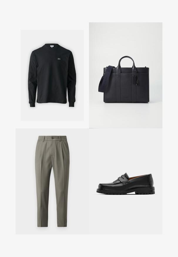 Black long-sleeve t-shirt made of cotton, featuring a round neckline and a small green embroidered crocodile logo on the left chest.; Beige tailored trousers with a straight-leg cut, featuring a button closure, pleats at the front, and an elastic waistband for comfort.; Black leather loafers feature a raised seam, two decorative straps on the upper, and a thick textured sole for added grip.; Dark navy leather briefcase with dual top handles and a detachable strap. Features textured finish, vertical stitching, and logo detail.