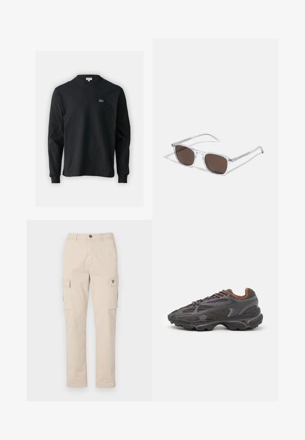 T-shirt a maniche lunghe nera in cotone, con scollatura rotonda e un piccolo logo di coccodrillo ricamato in verde sul lato sinistro del petto.; Pantaloni cargo beige in cotone, dotati di due tasche laterali, una tasca posteriore e un piccolo logo sul lato. Design a gamba dritta, tessuto resistente.; Sneaker Lacoste grigie scure in materiale mesh e sintetico, con suola testurizzata e dettagli marroni sul colletto e sul branding.; Occhiali da sole trasparenti in plastica con lenti rettangolari marroni, dotati di sottili aste trasparenti e dettagli in metallo sulle tempie.