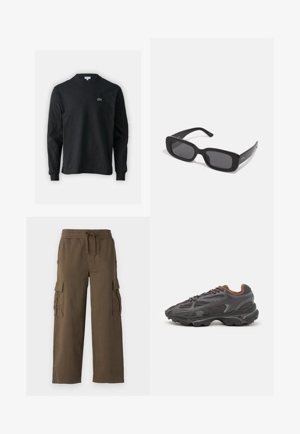 Schwarzes Langarm-T-Shirt aus Baumwolle, mit Rundhalsausschnitt und einem kleinen grünen, gestickten Krokodil-Logo auf der linken Brust.; Cargohosen mit elastischem Bund, Kordelzug und zwei Seitentaschen. Aus einem weichen braunen Stoff gefertigt, mit einem entspannten, weit geschnittenen Design.; Lacoste Sneaker in Dunkelgrau aus Mesh und Synthetikmaterial, mit einer strukturierten Sohle und braunen Akzenten am Kragen und Logo.; Schwarze rechteckige Sonnenbrille mit dunklen Gläsern, glatten Kunststoffrahmen und breiten Bügeln. Dezente Markenkennzeichnung an der Seite.