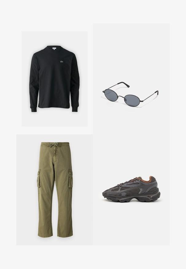 Zwarte longsleeve t-shirt van katoen, met een ronde halslijn en een klein groen geborduurd krokodillenlogo op de linkerborst.; Olijfgroene cargobroek in een katoenmix, met een elastische tailleband met een trekkoord, zij cargozakken en een recht model.; Lacoste sneakers in donkergrijs van mesh en synthetisch materiaal, met een gestructureerde zool en bruine accenten op de kraag en branding.; Zwarte ovale zonnebril met donkere glazen en dunne metalen montuur. Heeft slanke veren met een subtiele kromming aan de uiteinden.