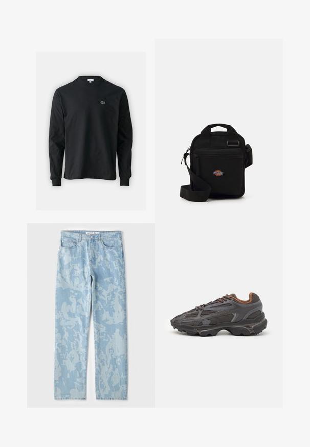 Svart langermet T-skjorte laget av bomull, med rund hals og en liten grønn brodert krokodillelogo på venstre bryst.; Lys blå denim jeans med et subtilt abstrakt mønster, rett ben design, fem-lomme stil og topp knappelukking.; Lacoste-sneakers i mørkegrått med mesh- og syntetisk materiale, med en teksturert såle og brune detaljer på kragen og merket.; Svart crossover-veske med en glidelåslomme, rektangulær form, laget av stoff, med et logo-påbud på forsiden, justerbar skulderrem.