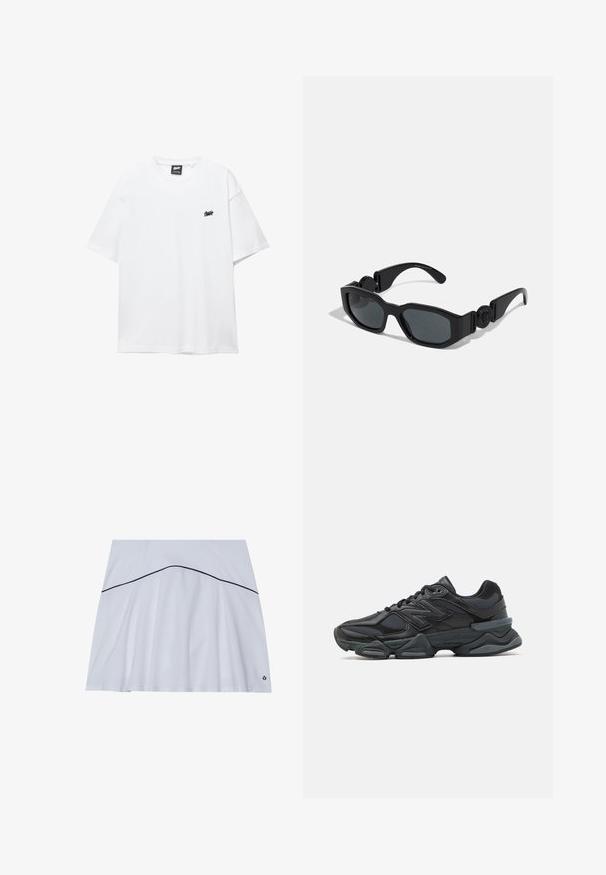 Vit bomulls t-shirt med korta ärmar, rund hals och en liten svart logotyp på bröstet. Slät textur och avslappnad passform.; Vit atletisk kjol med ett utsvängt slut, med en marinblå accentlinje över midjan och en logotyp i nedre högra hörnet.; Svart löparsko med en kombination av mesh och syntetiska material, kraftig sula, rundad design och framträdande varumärkning på sidan.; Svarta solglasögon med vinklad ram, tjocka kanter, mörkt tonade linser och cirkulär detalj på skalmarna. Slätt plastmaterial.
