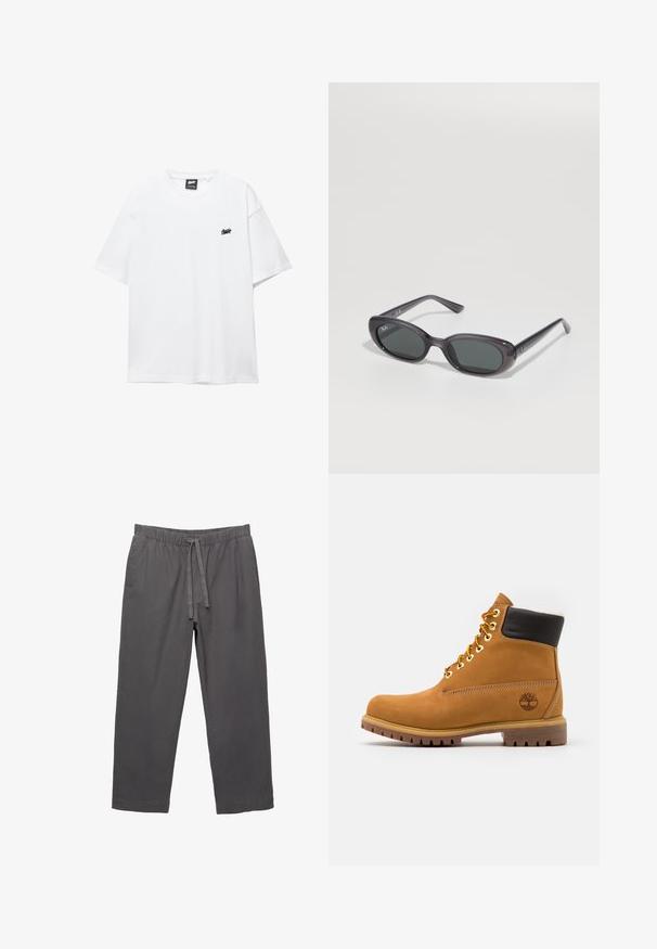 Witte katoenen T-shirt met korte mouwen, ronde hals en een klein zwart logo op de borst. Glad textuur en casual pasvorm.; Grijze, lichte broeken met een elastische tailleband en trekkoord. Beschikt over taps toelopende pijpen en een gladde, licht gewilde stof.; Tan leren enkelboot met zwarte kraag, gouden ogen en veters. Textuurzool met profielpatroon en logo aan de zijkant.; Zwarte ovale Ray-Ban zonnebril met donkere glazen op een witte achtergrond, met het merkembleem op de glazen en de pootjes.
